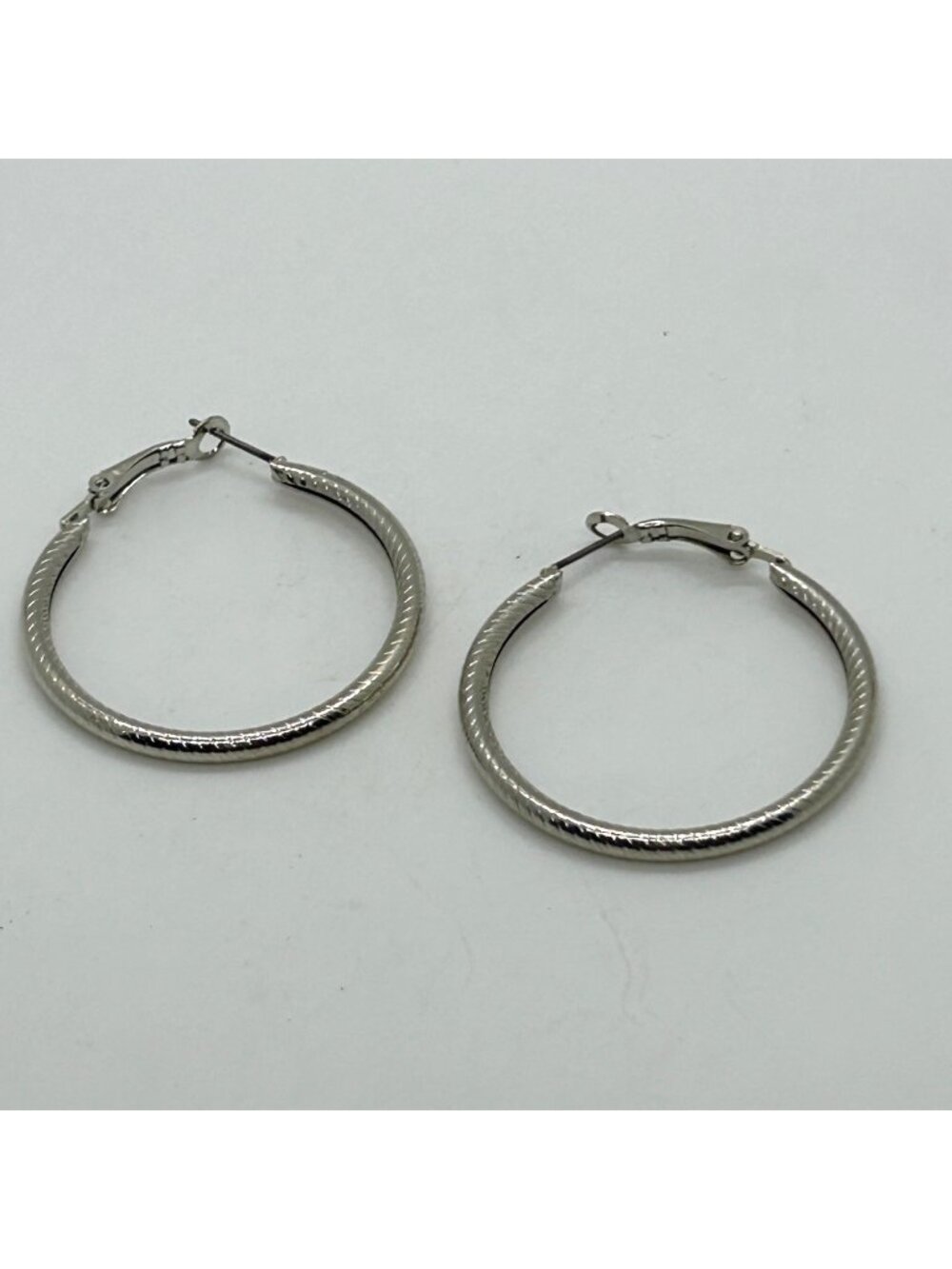 Vintage Silver Tone Hoop Earrings Large Textured  Pierced French Clips Round